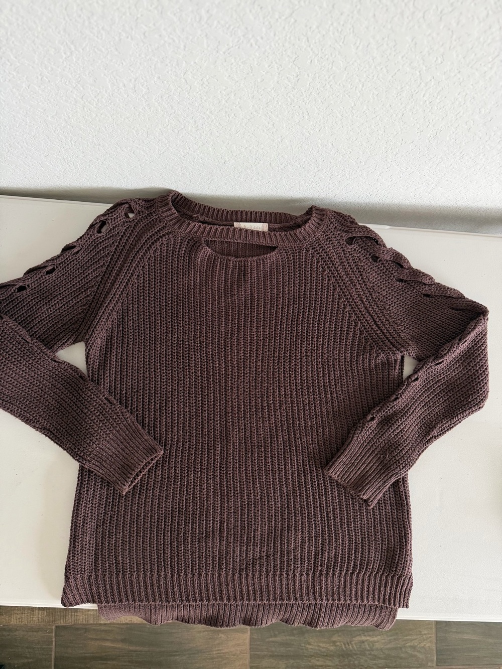Altar'd State Plum Lace-Up Sleeve Chunky Crewneck Sweater